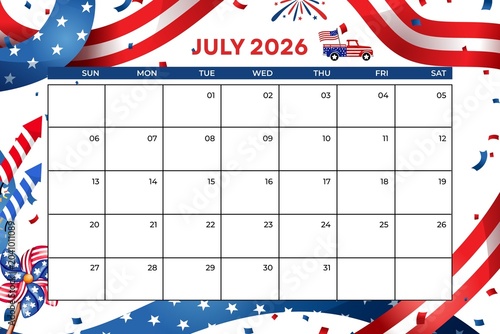 Quadro su tela July 2026 monthly calendar with usa independence day theme and patriotic decorat