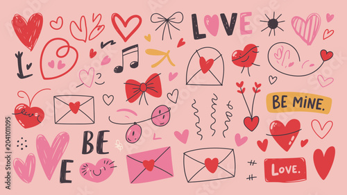 Cuadro en lienzo love doodles on pink background hearts envelopes bows music notes vector illustr