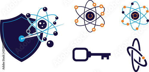 Quantum Security and Cyber Data Protection Icon Set with Security Shield, Atom Nuclear Physics Symbols, Orbit Electron Rings, and Encryption Access Key