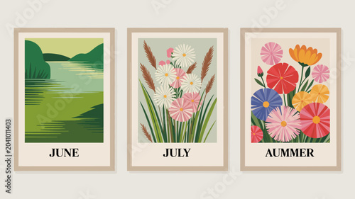 Obraz na plátně three framed art prints with summer scenes june july august flowers landscape ve