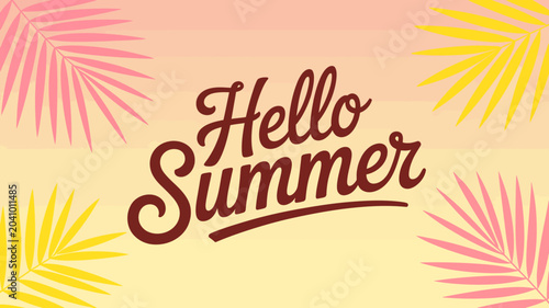 Quadro su tela hello summer text with tropical leaves vector art theme palm seasonal design ill