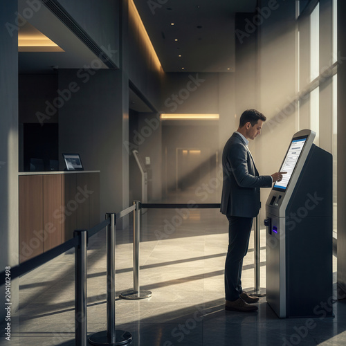 A Person Interacting With a Modern Kiosk in a Sleek, Contemporary Interior Setting