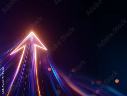 Glowing Arrow of Progress: A neon arrow points upwards against a dark, abstract background, symbolizing growth, forward movement, and technological advancement with vibrant streaks of light and bokeh.