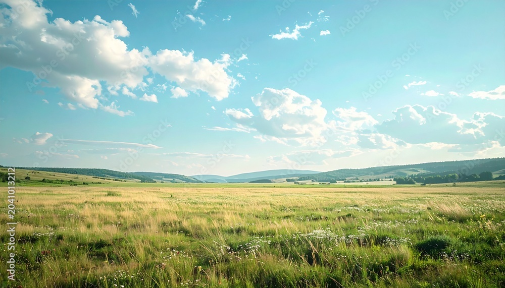 Fototapeta premium Vast open field under a bright blue sky with clouds.