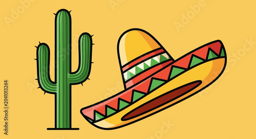 Illustration of a sombrero and a cactus on a yellow background