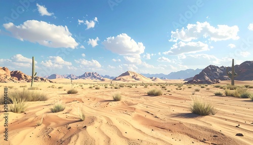 Vast desert landscape with rolling sand dunes and scattered vegetation.