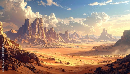 Vast Desert Landscape with Towering Rock Formations and Dramatic Sky.