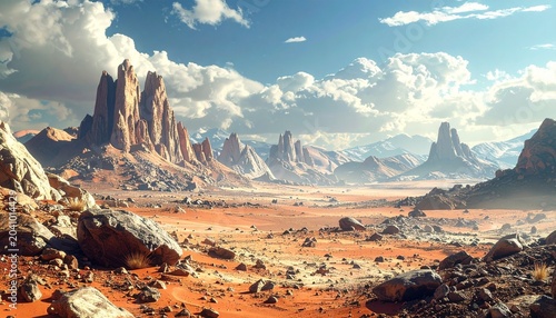 Vast Desert Landscape with Towering Rock Formations and Cloudy Sky.