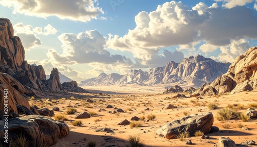 Vast desert landscape with towering rock formations under a cloudy sky.