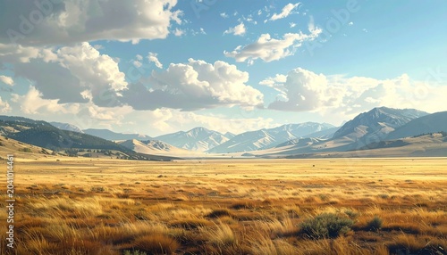 Vast golden field stretches towards distant mountains under a cloudy sky.