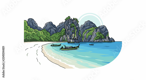 Scenic tropical bay with limestone karsts, lush vegetation, sandy beach, and calm turquoise waters with traditional boats