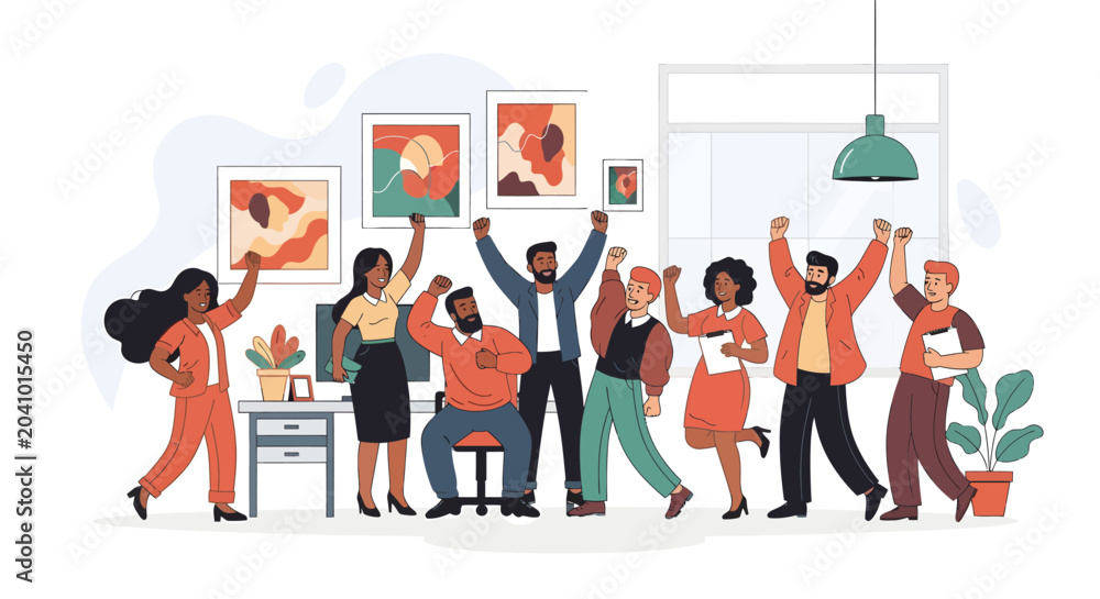 Obraz premium Diverse Business Team Celebrating Success and Achievement in Modern Office Workspace Vector Illustration