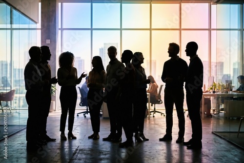 Diverse business team gathering in modern office lobby showing collaboration and inclusive workplace culture