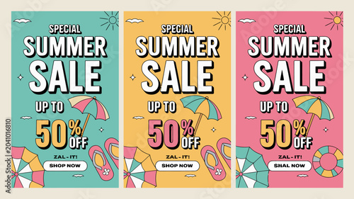 summer sale banners vector illustration discount offer promotion umbrella flip flops beach vacation colorful background text graphic design marketing retail shopping seasonal