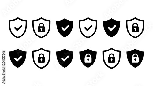 Tableau sur toile shield icons with lock and check marks security protection symbol safety iconogr