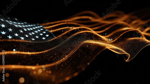 Waving digital fabric with stars morphs into glowing orange waves, abstract
