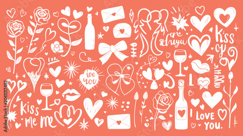 Canvas Print romantic doodles on coral background hearts flowers wine kisses love envelopes b