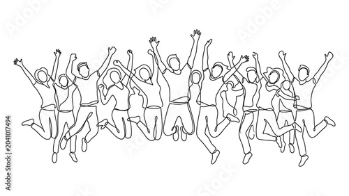 Diverse group of people jumping happily together.