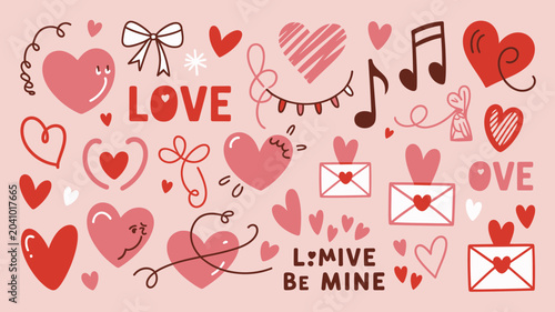 Canvastavla love themed vector illustration hearts envelopes music notes bow romantic pink r