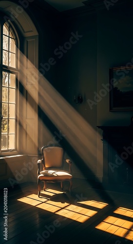 Vintage Upholstered Chair Standing in Dramatic Sunlit Historic Room