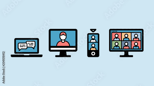 Bild auf Leinwand communication icons on light blue background light blue laptop computer phone vi