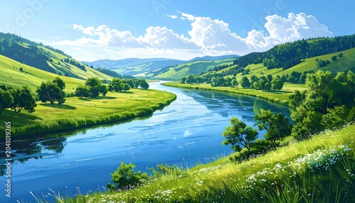 Lush Green River Valley Flowing Through Sunny Rolling Hills