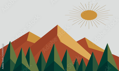 Quadro su tela Minimalist mountain landscape vector, geometric peaks with pine forest and sun,