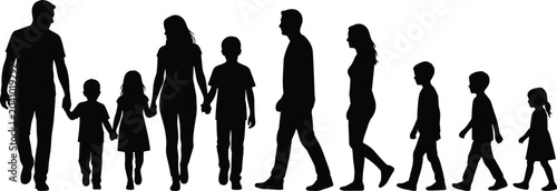 Tableau sur toile Panoramic silhouette collection of a happy family holding hands walking together
