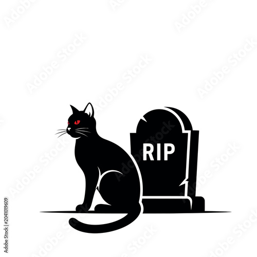 Slika na platnu Black Cat Sitting Next to RIP Gravestone.