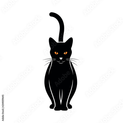 Slika na platnu Black Cat Sitting with Curled Tail and Orange Eyes.