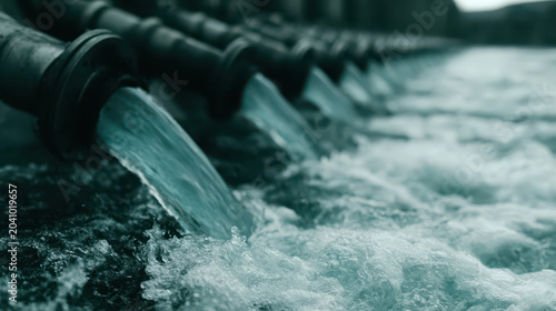 Turbulent blue water cascades from metal pipes into a frothy pool, showcasing industrial power and motion.