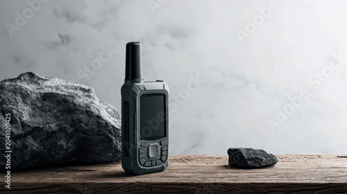 Durable Gray GPS Device on Textured Wood, Craggy Rocks, Light Gray Wall Background - Adventure Planning, Outdoor Tech