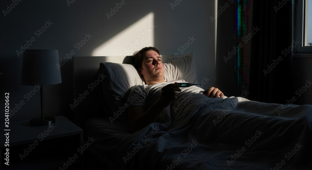 Fototapeta premium A Person Resting In Bed, Holding Thermometer While Illuminated By Sunlight