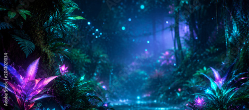 Enchanted jungle with bioluminescent flora and glowing particles during twilight