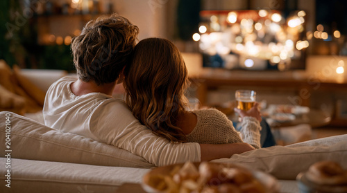 Cozy Couple Enjoying Evening Together on Sofa with Warm Ambient Lighting