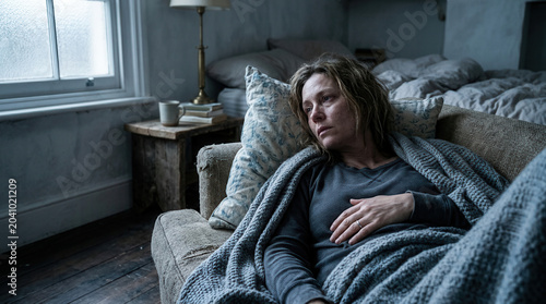 A Woman Wrapped In a Blanket, In a State of Sadness and Contemplation