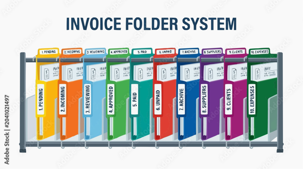 Obraz premium Invoice Folder System: An organized array of colorful, labeled folders within a metal rack, showcasing an efficient system for managing invoices.