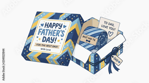 Happy Father's Day Gift Box: A beautifully illustrated gift box opens to reveal a stylish tie, a card with a loving message, and a tag for the best dad, celebrating paternal love and appreciation.