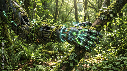Futuristic robotic arm covered in moss and vines holding a tree branch in a lush green forest, solarpunk concept