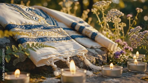 Outdoor garden wedding setup with cream and blue patterned fabric, candles and wildflowers glowing in warm afternoon sun