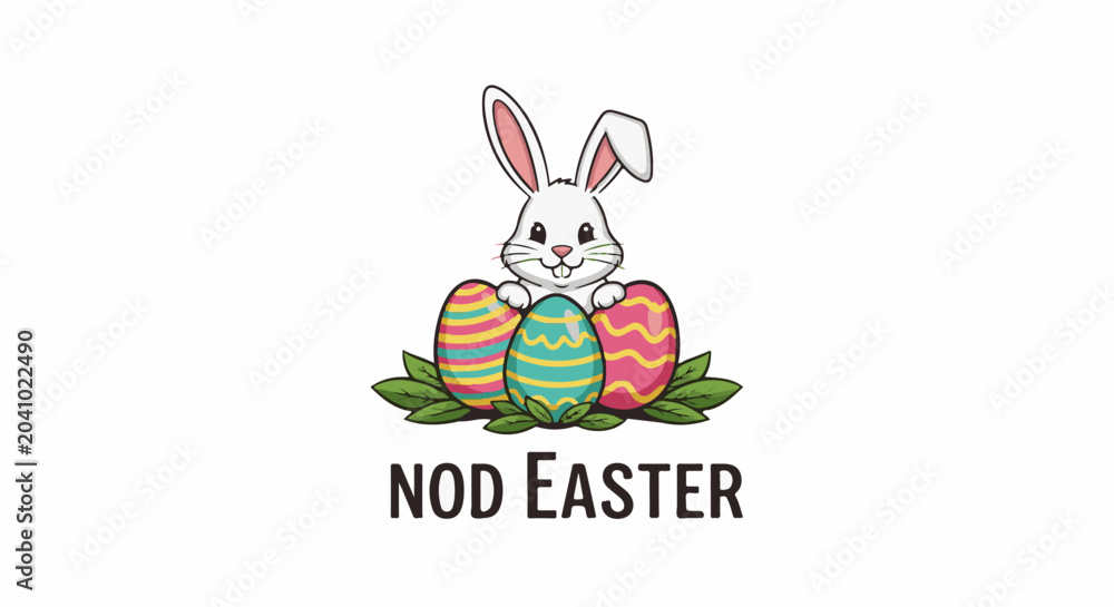 Fototapeta premium Cute bunny peeking over colorful patterned eggs surrounded by green leaves with text below