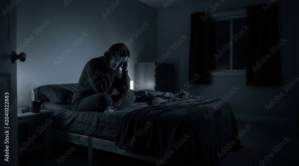 Fototapeta premium A Person Sitting On The Bed, Hands Covering Face Experiencing Mental Distress