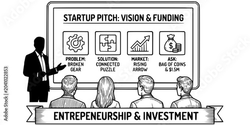 Photos Startup Pitch Deck Line Art Black White-Slide Presenter Investor Audience-Fundin