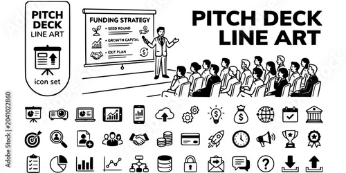 Foto Startup Pitch Deck Line Art Black White-Slide Presenter Investor Audience-Fundin