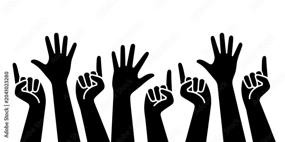 Fototapeta premium Hands Raised Set with Peace and Victory Signs in Black and White Featuring Silhouette, Protest, Unity with Solidarity and Demonstration Elements For