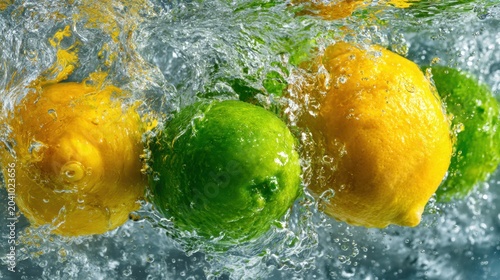 Lemons and limes splashing into clear water with dynamic droplets