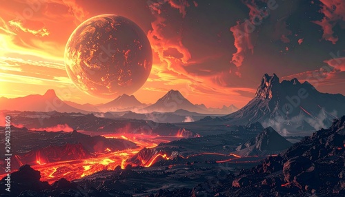 Fiery Alien Landscape with Lava Flows and Distant Planet.