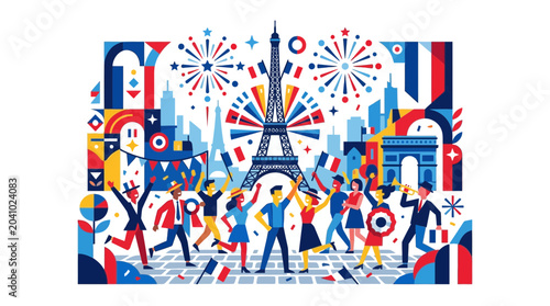 Konstfotografi Group of diverse people celebrating Bastille Day in Paris.