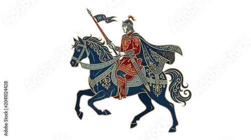 Foto Illustration of a medieval knight riding a horse in decorative armor