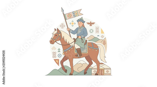 Schilderij op canvas Illustration of a nomadic Mongolian warrior riding a horse with a spear